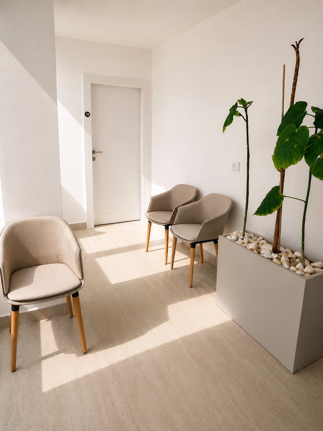 Salle d'attente : trois fauteuils beiges, une porte blanche portant le numéro 14, une plante en bac.