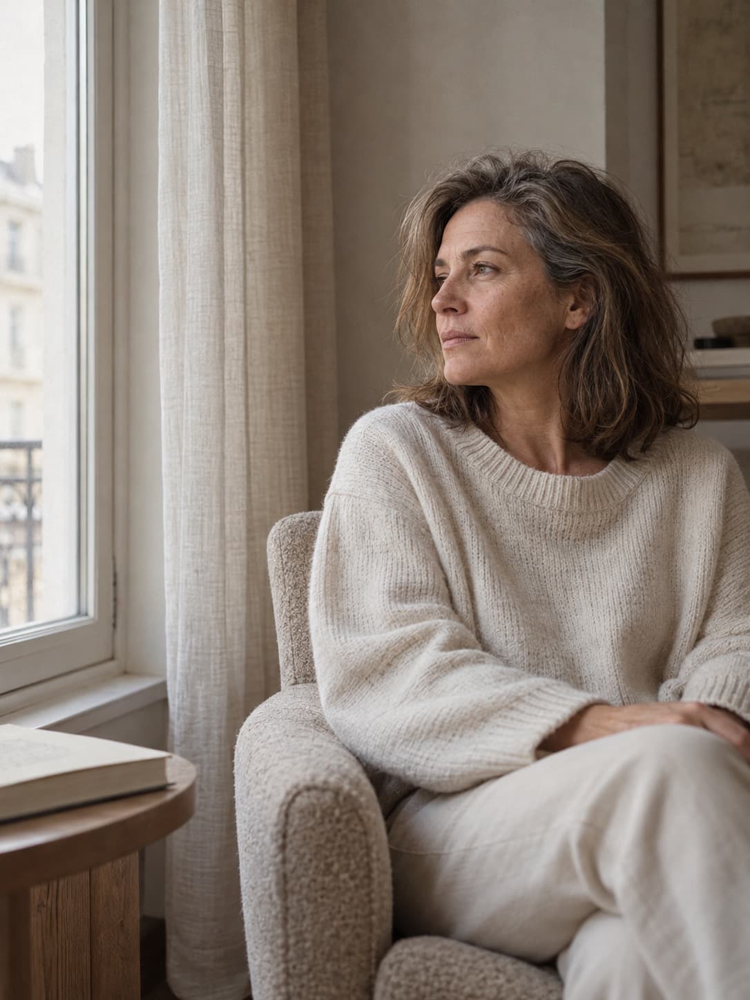 Woman sitting in an armchair by a window, in soft daylight